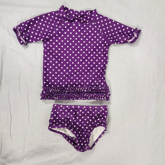 Ruffle Butts Swim Suit Girls 18-24 Months Purple Polka Dots Rash Guard 2 Piece - Picture 1 of 4